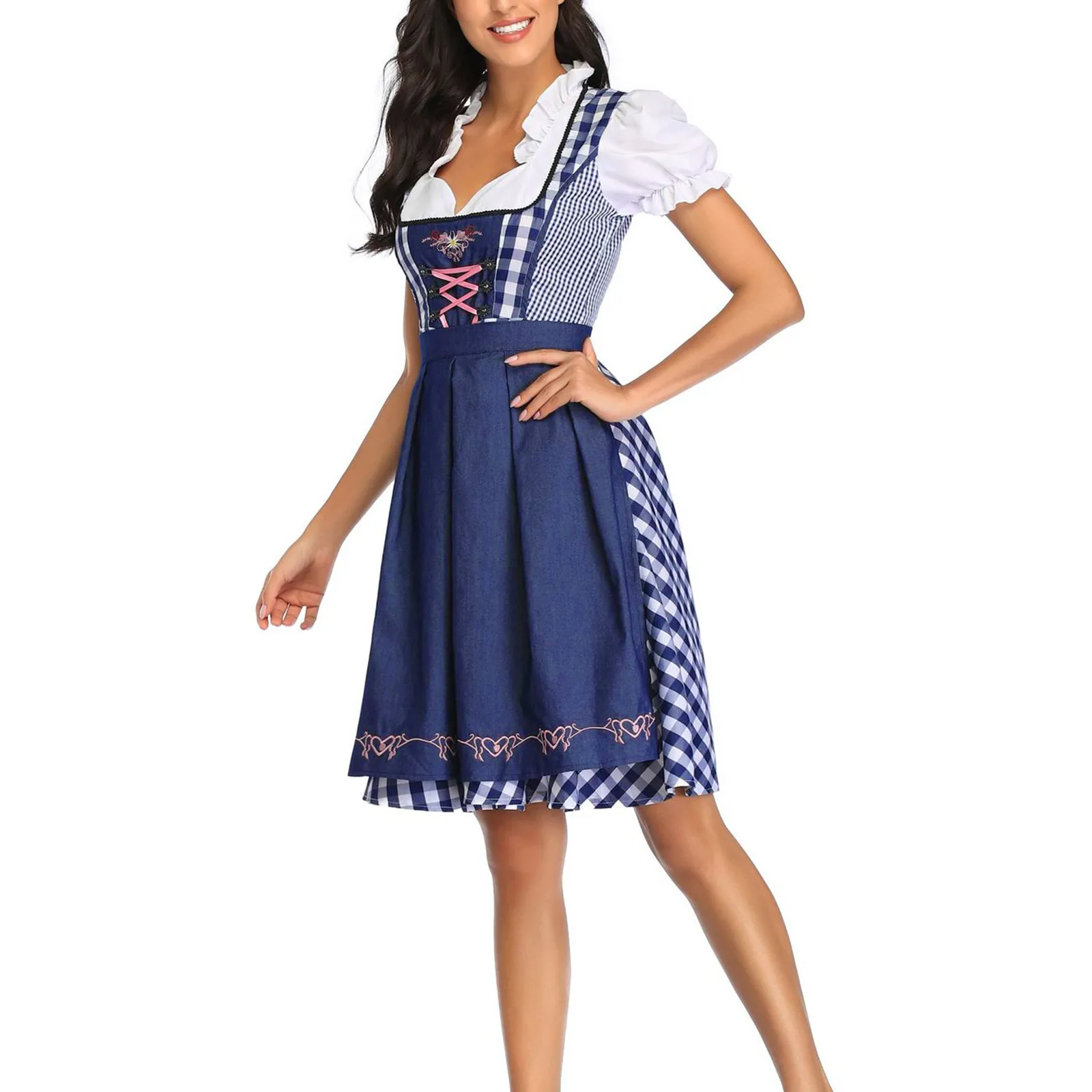 Vordira - Dirndl Dames Jurk met Geruit Design en Klassieke Vetersluiting