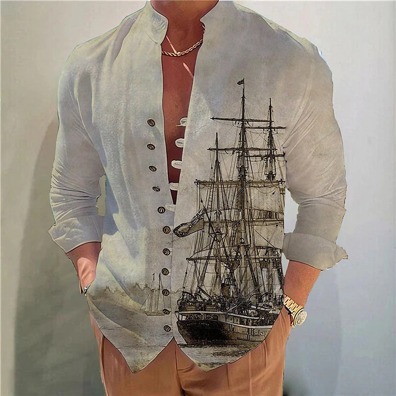 James™ Linnen Overhemd Heren Zeilboot Printin