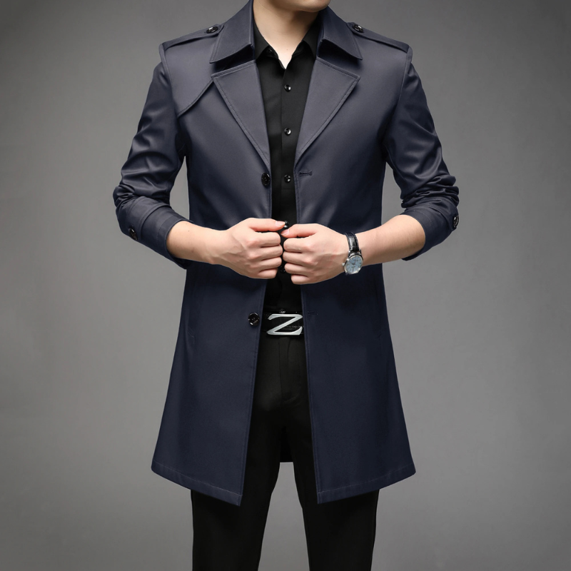 Wynport - Lange Jas Heren Slim Fit Trenchcoat Met Schouderepauletten en Knopen