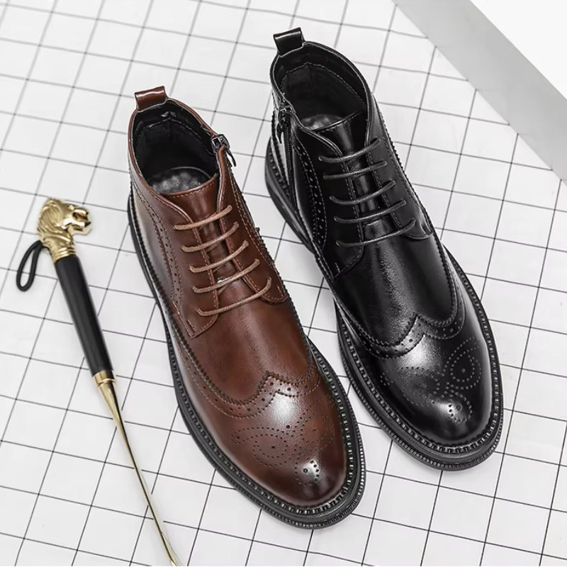 Verlock - Herenschoenen Boots - Leren Brogue Veterschoenen met Rits, Klassiek Design