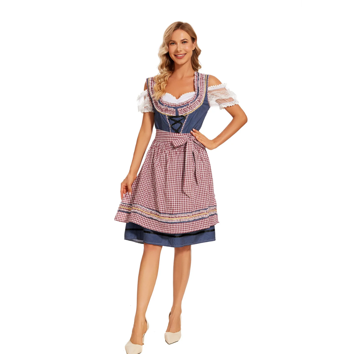 Kandira - Dirndl Dames Jurk met Geruit Schort en Kanten Mouwen