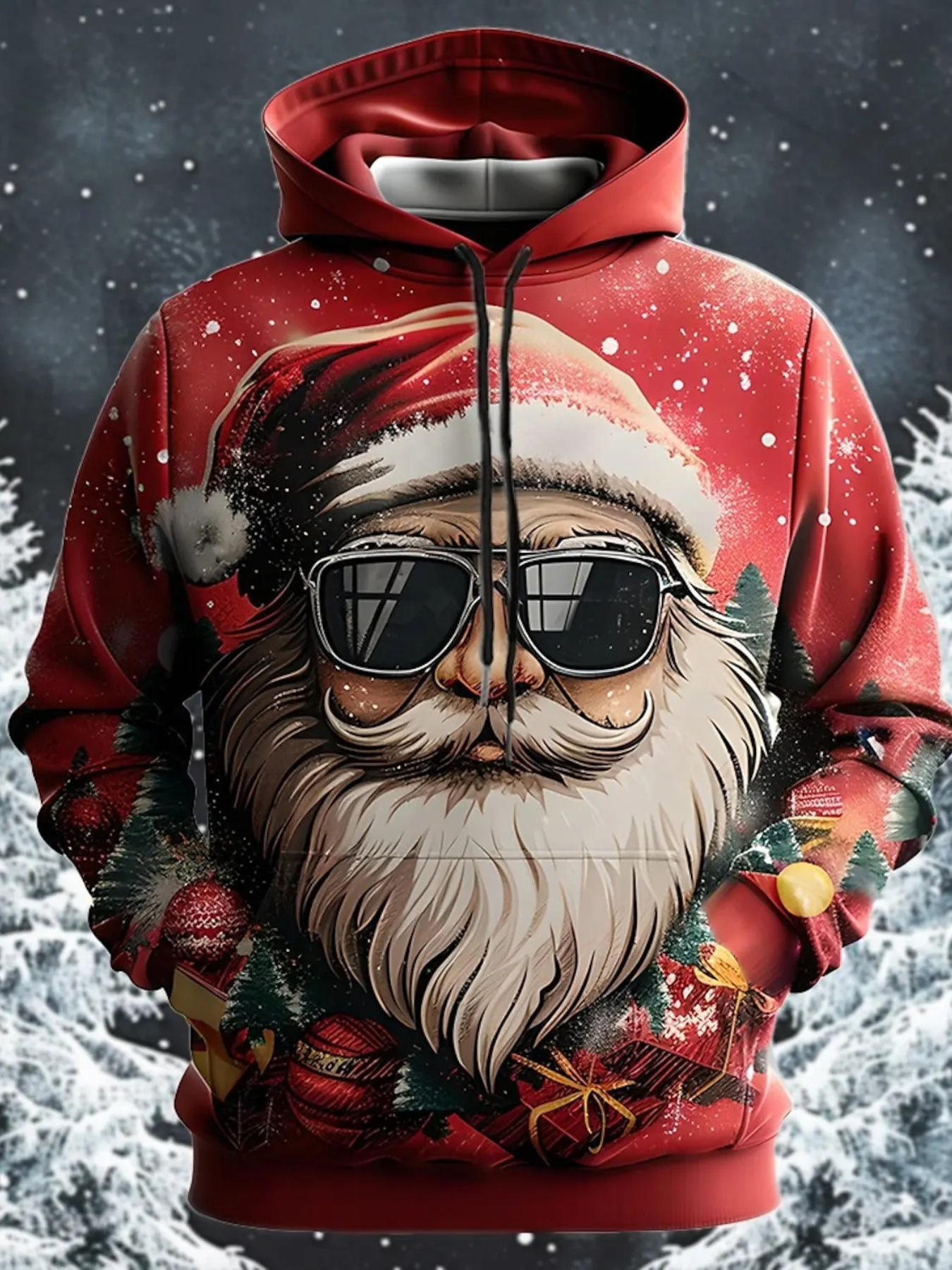 Santa Kersttrui met Kerstman, Rendier en Winterbos Design – Feestelijke Feestdagen Hoodie