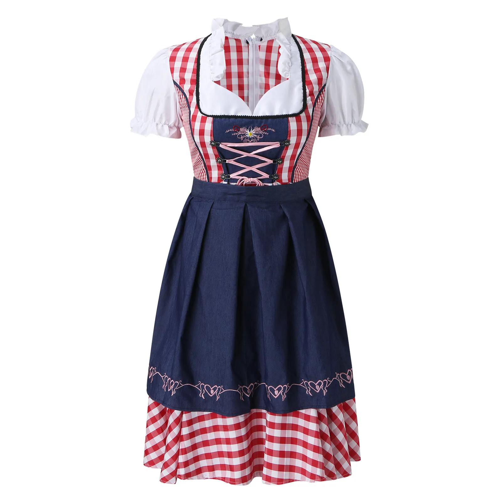 Vordira - Dirndl Dames Jurk met Geruit Design en Klassieke Vetersluiting