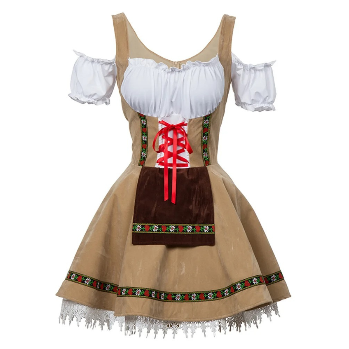 Vindora - Dirndl Dames Jurk met Traditionele Kanten Mouwen en Vetersluiting