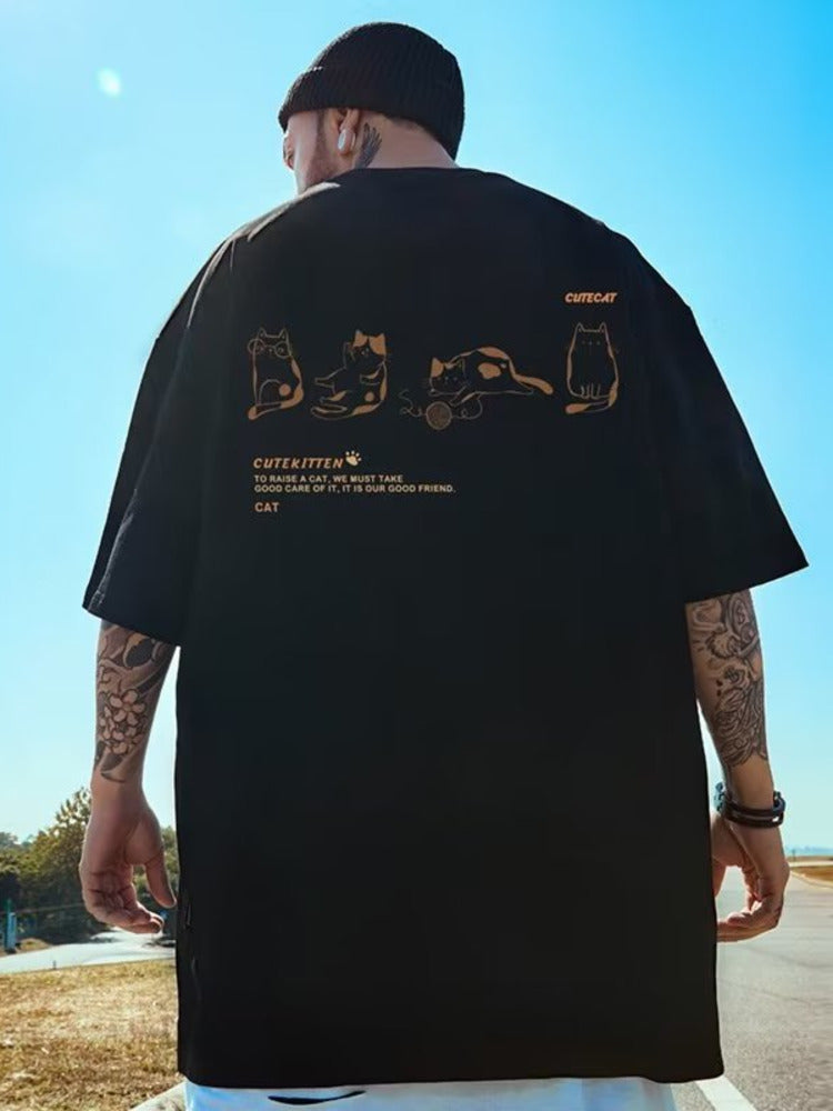 James™ ademend oversized t-shirt met zwarte kattenprint