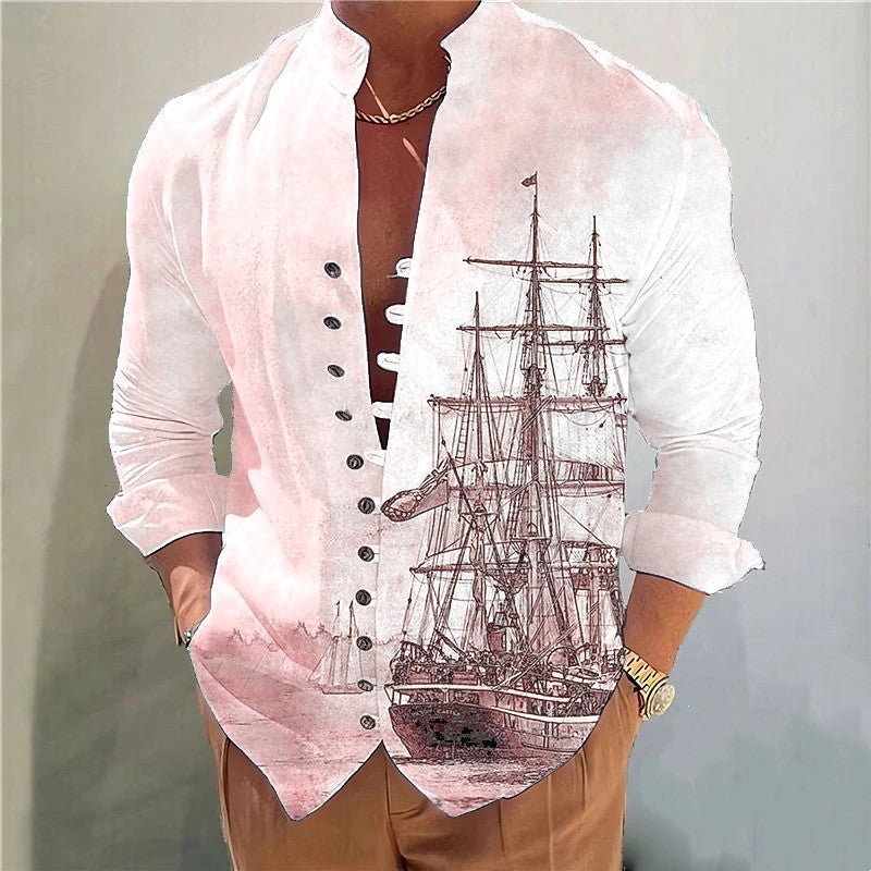 James™ Linnen Overhemd Heren Zeilboot Printin