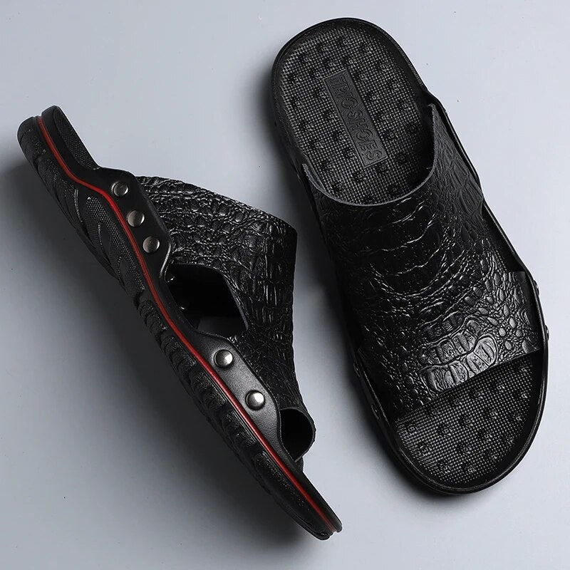 Hudson™ heren slippers met bruin fretwerk met print