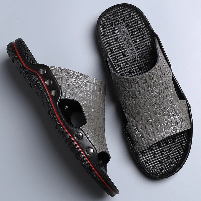 Hudson™ heren slippers met bruin fretwerk met print