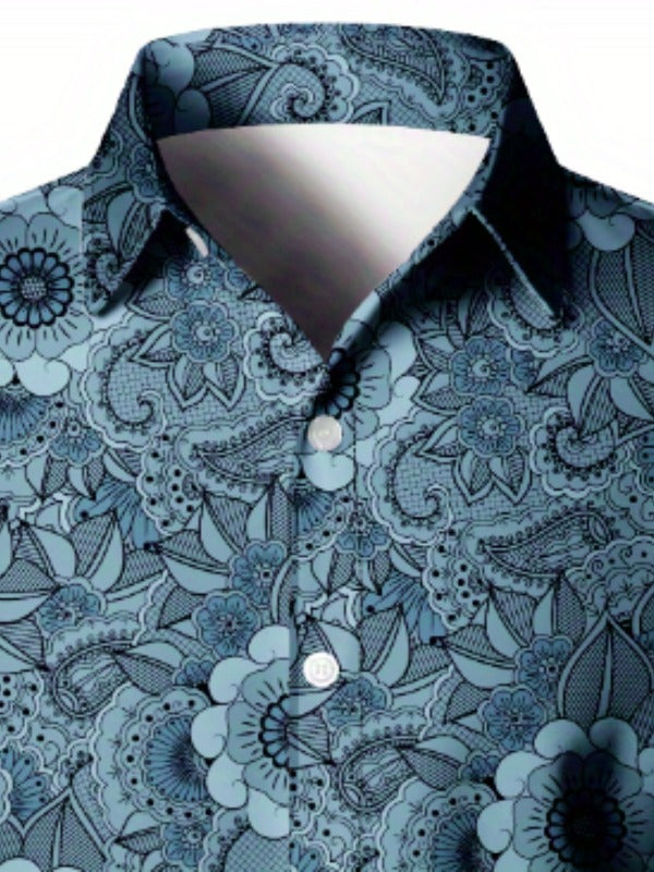 James™ Feestelijk blauwe zomerblouse voor heren met bloemenprint