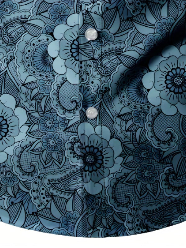 James™ Feestelijk blauwe zomerblouse voor heren met bloemenprint