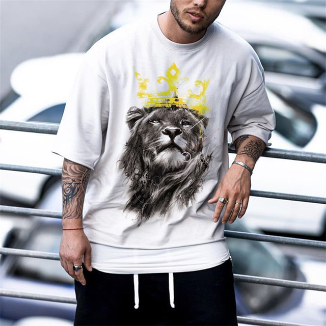 James Felle Leeuw/Tijger Print 3D Heren T-shirt - Oversized Designer Tops