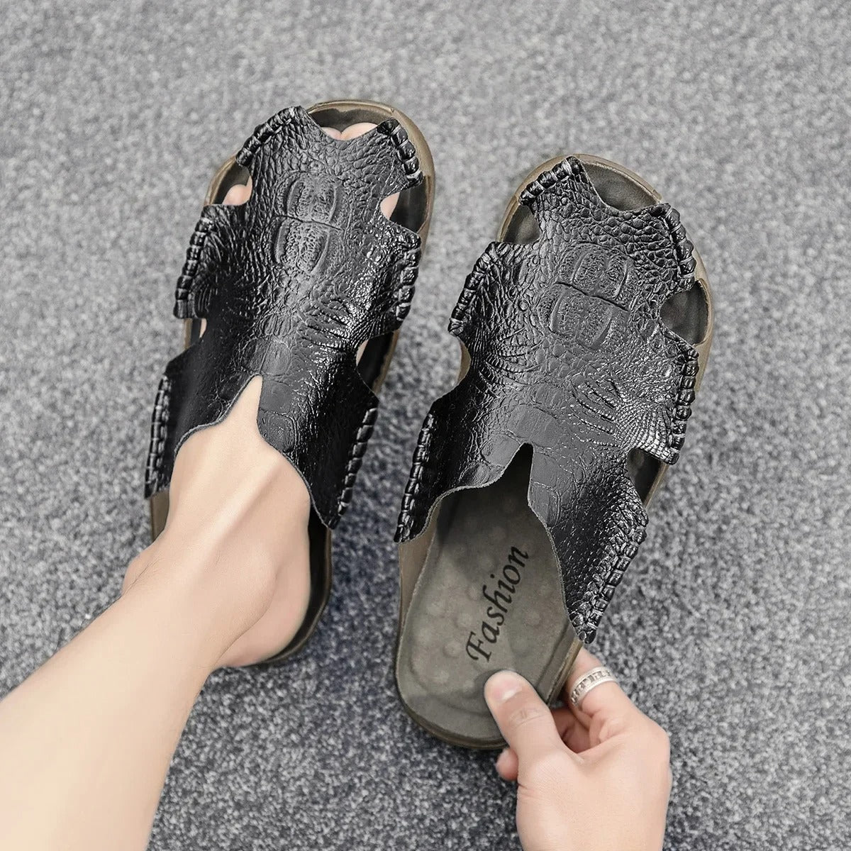 Hudson™ heren slippers van koeienleer antislip krokodil