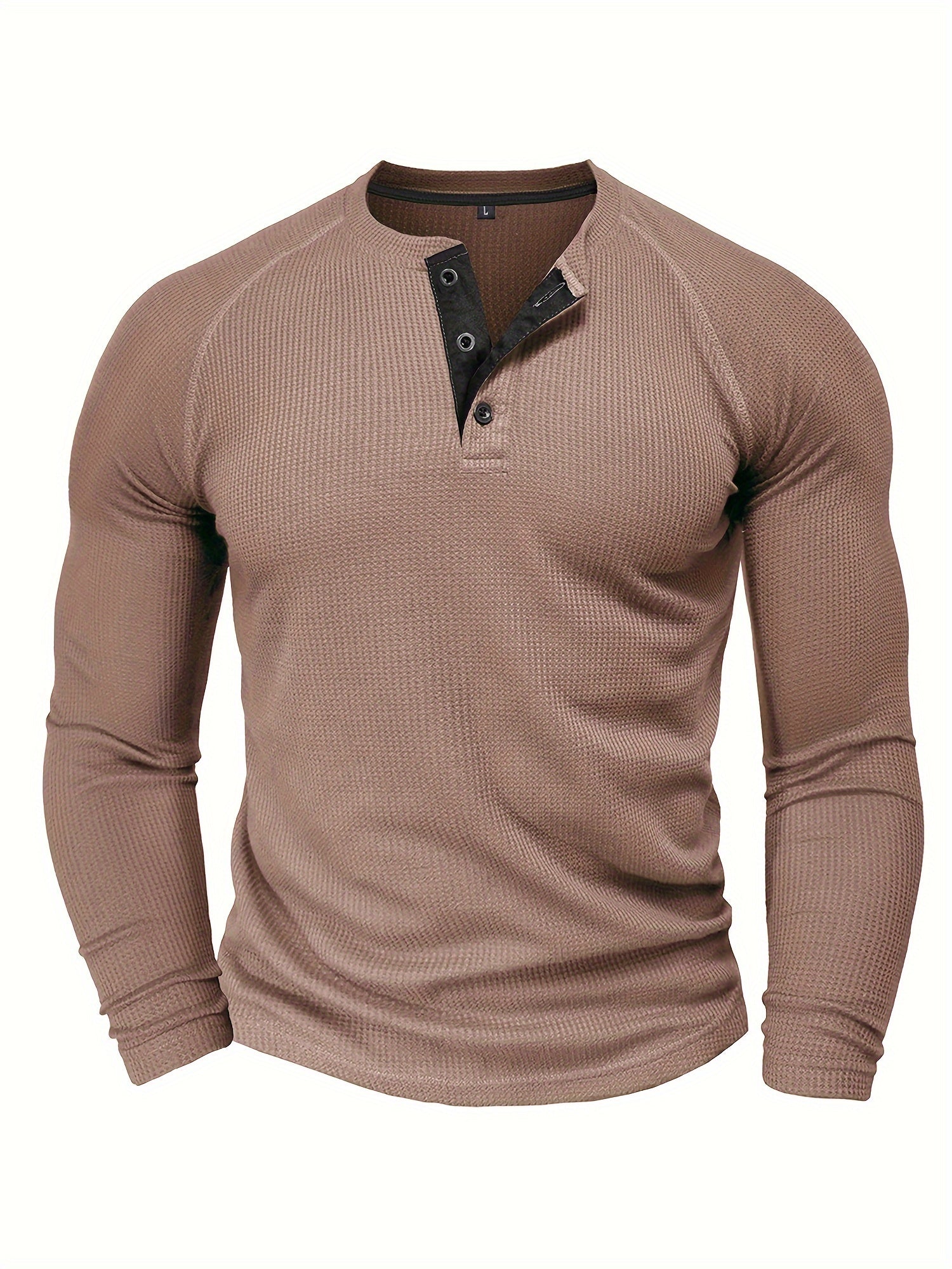 WarmTui - Heren Wafelgebreide Lange Mouw Henley Shirt met Contrasterende Sluiting