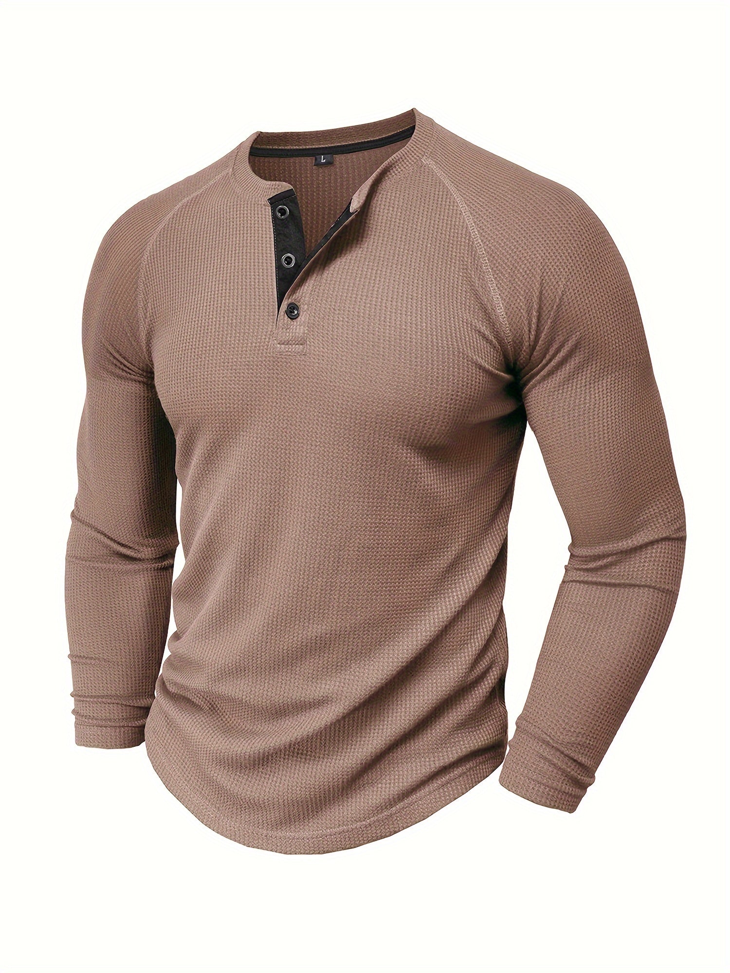 WarmTui - Heren Wafelgebreide Lange Mouw Henley Shirt met Contrasterende Sluiting