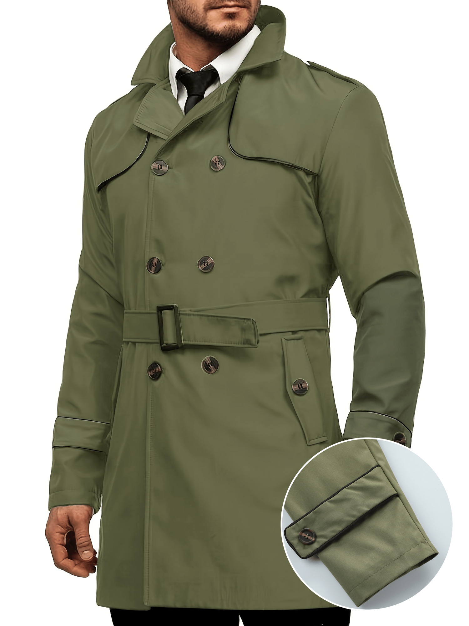 Coatify - Heren Dubbelknoop Trenchcoat met Tailleband en Stormflap