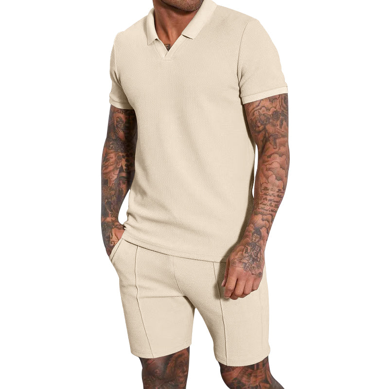 James™ Wafel v-hals shirt met kraag, slim shorts heren zomerset