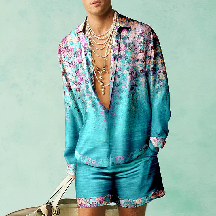 James™ Overhemd met digitale opdruk en knoopsluiting en effen shorts heren zomerset