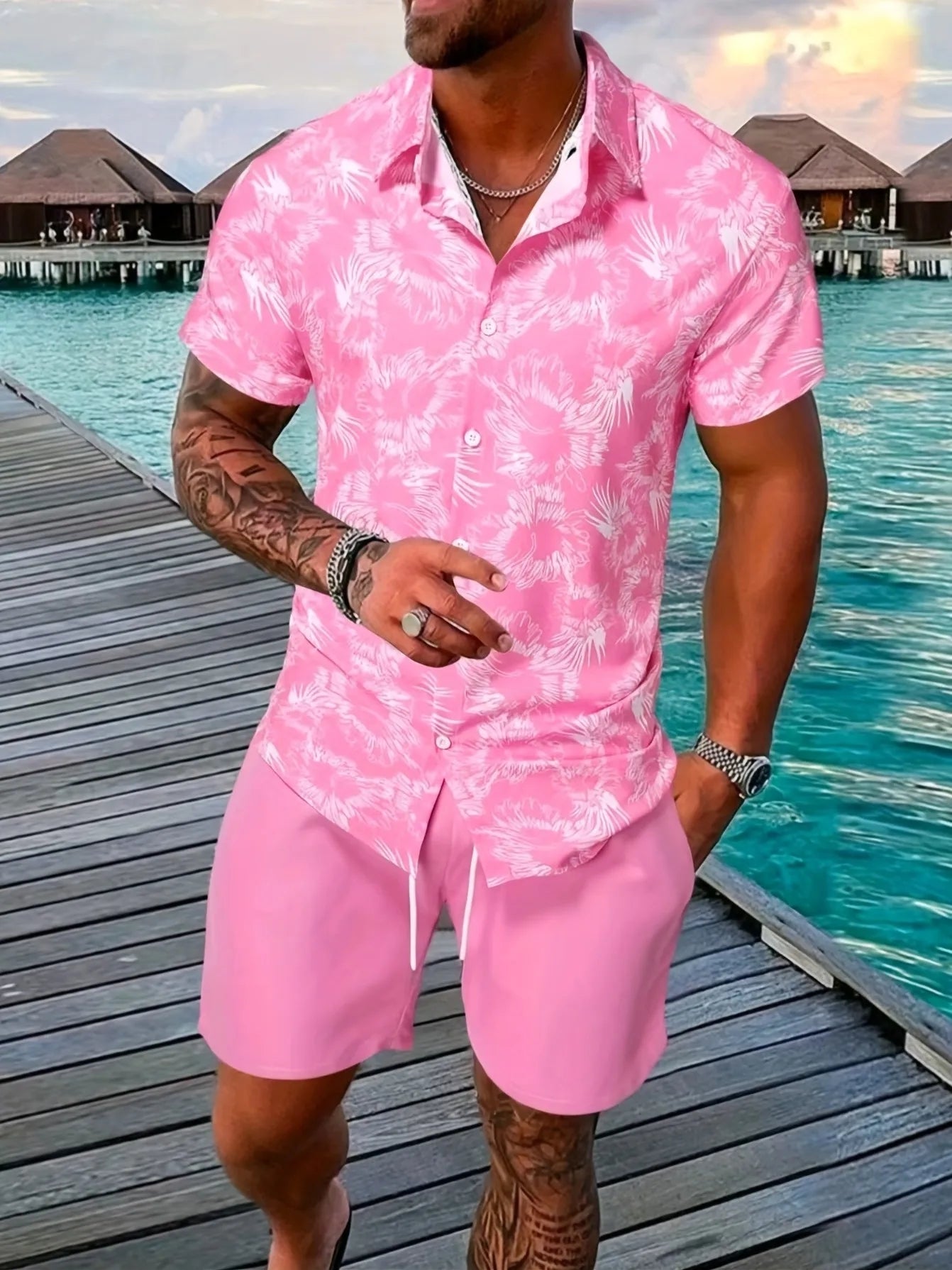 James™ Korte broek met koord, revers patchwork shirt met print heren zomerset