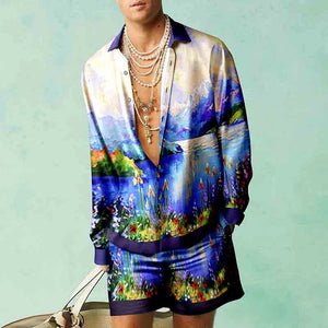 James™ Overhemd met digitale opdruk en knoopsluiting en effen shorts heren zomerset
