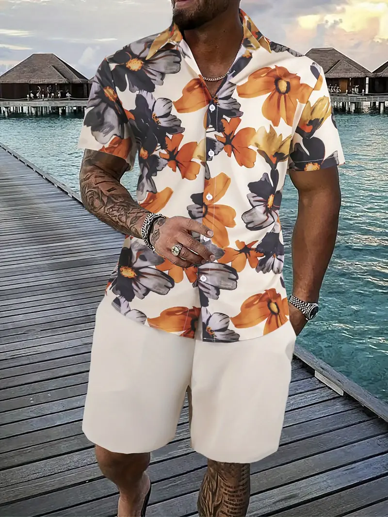 James™ Bedrukt gebloemd shirt effen korte broek heren zomerset