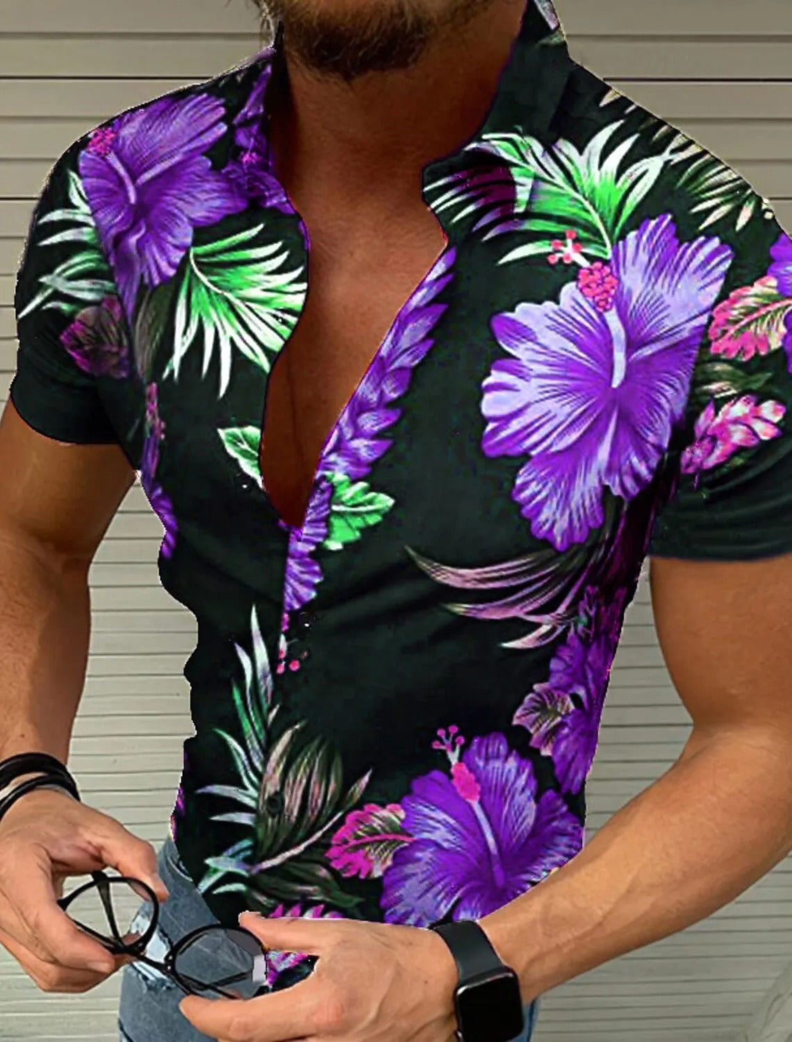 Amigo™ slank overhemd met bloemenprint en korte mouwen Hawai overhemd