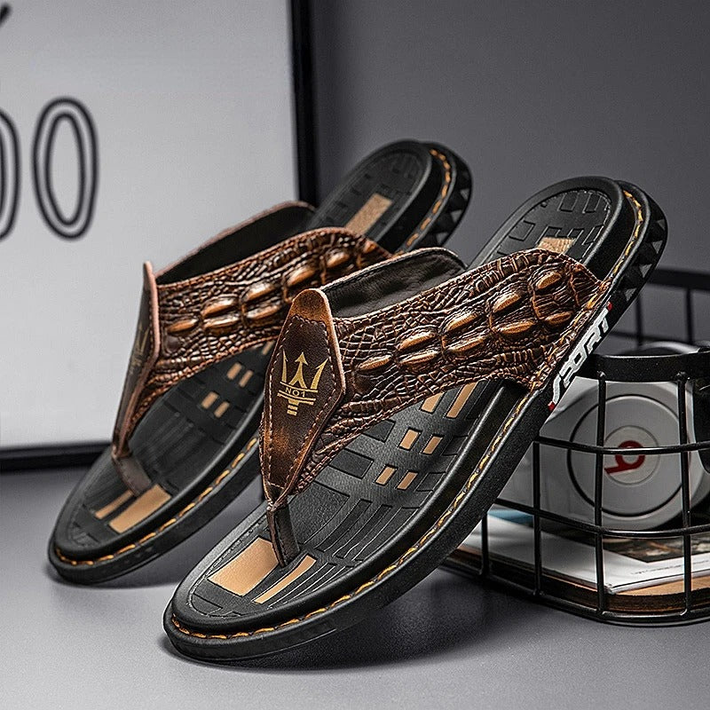 Hudson™ zwarte krokodil handgemaakte heren slippers