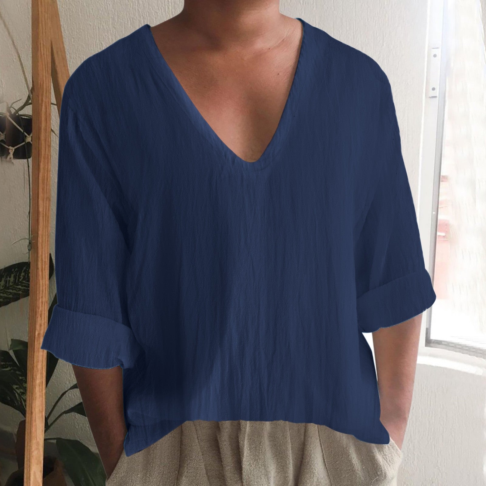 James™ Linnen Overhemd Heren Vintage V-Hals
