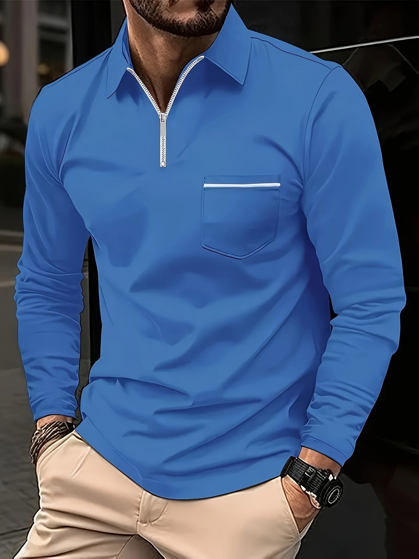 Polonik - Heren Polo met Lange Mouwen, Half-Zip en Borstzak – Casual Slim Fit