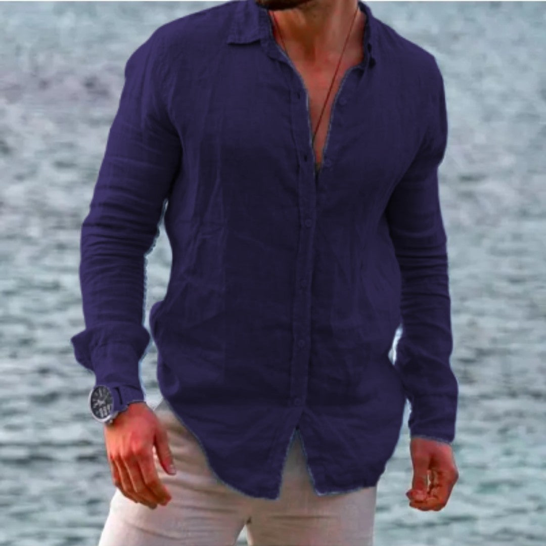 James™ Linnen Overhemd Heren Stand-Up Collar Casual Beach Style