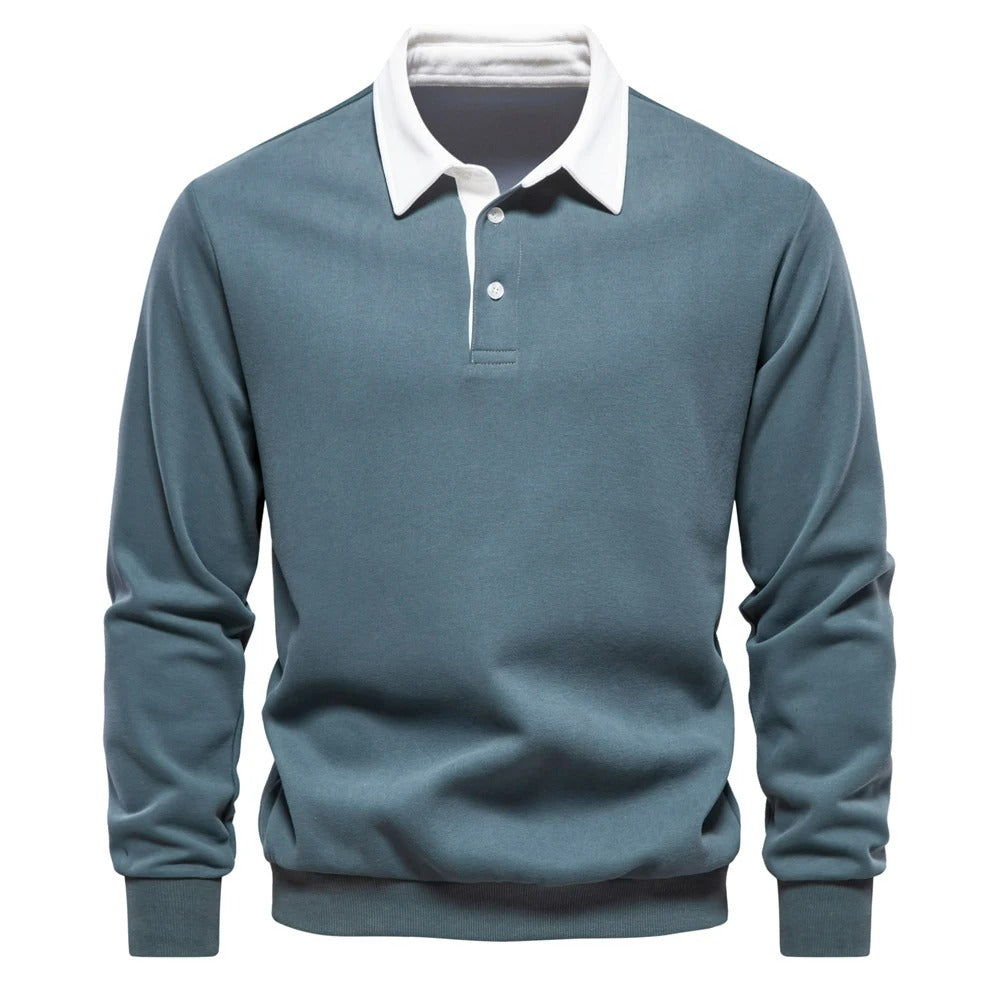 James™ grijze wollen polo met lange mouwen met revers en knopen