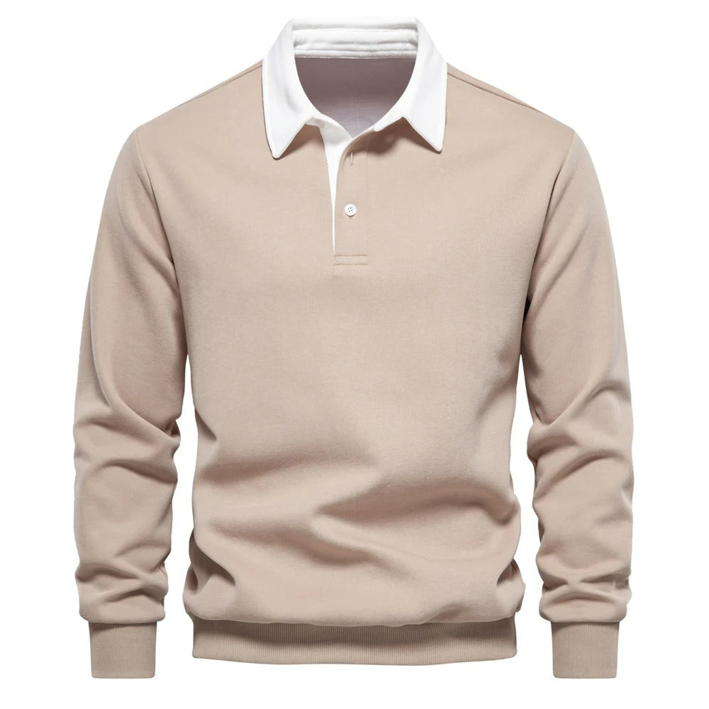 James™ grijze wollen polo met lange mouwen met revers en knopen