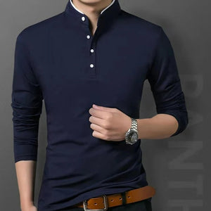 James™ business stijl blauw met opstaande kraag polo met lange mouwen