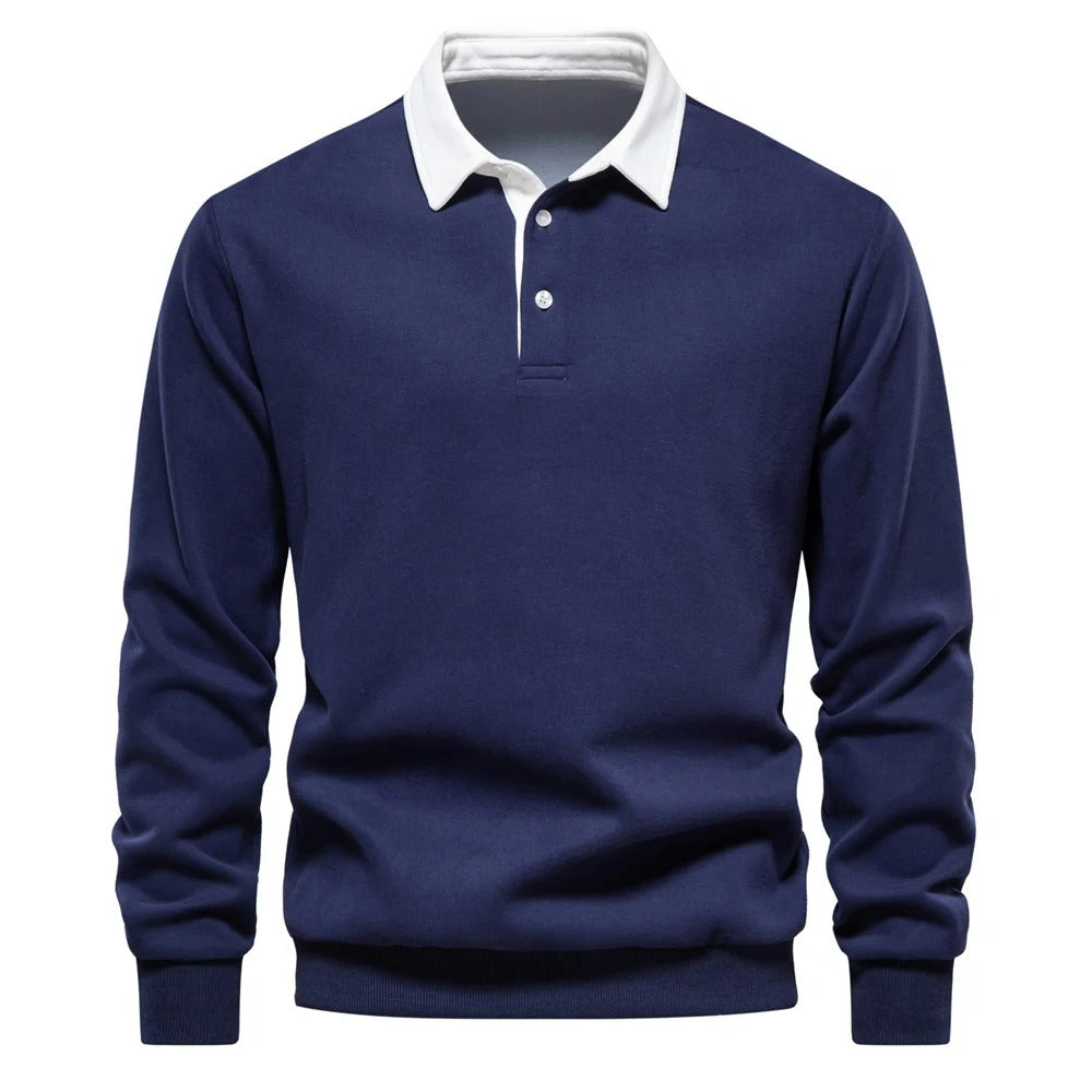 James™ grijze wollen polo met lange mouwen met revers en knopen