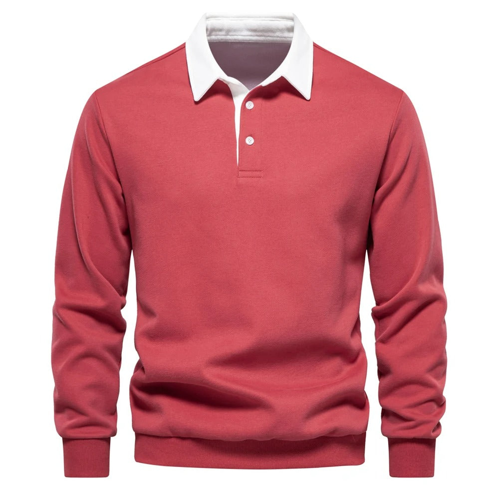 James™ grijze wollen polo met lange mouwen met revers en knopen