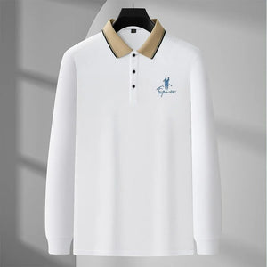 James™ witte polo met lange mouwen en revers met logoprint