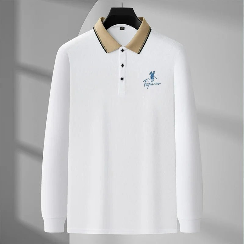 James™ witte polo met lange mouwen en revers met logoprint