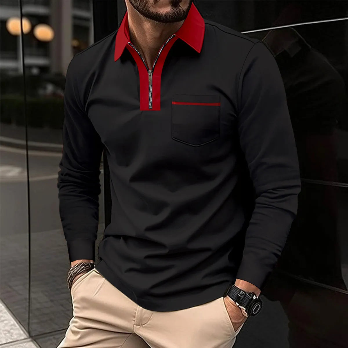 James™ contrasterende ritskraag Polo lange mouwen