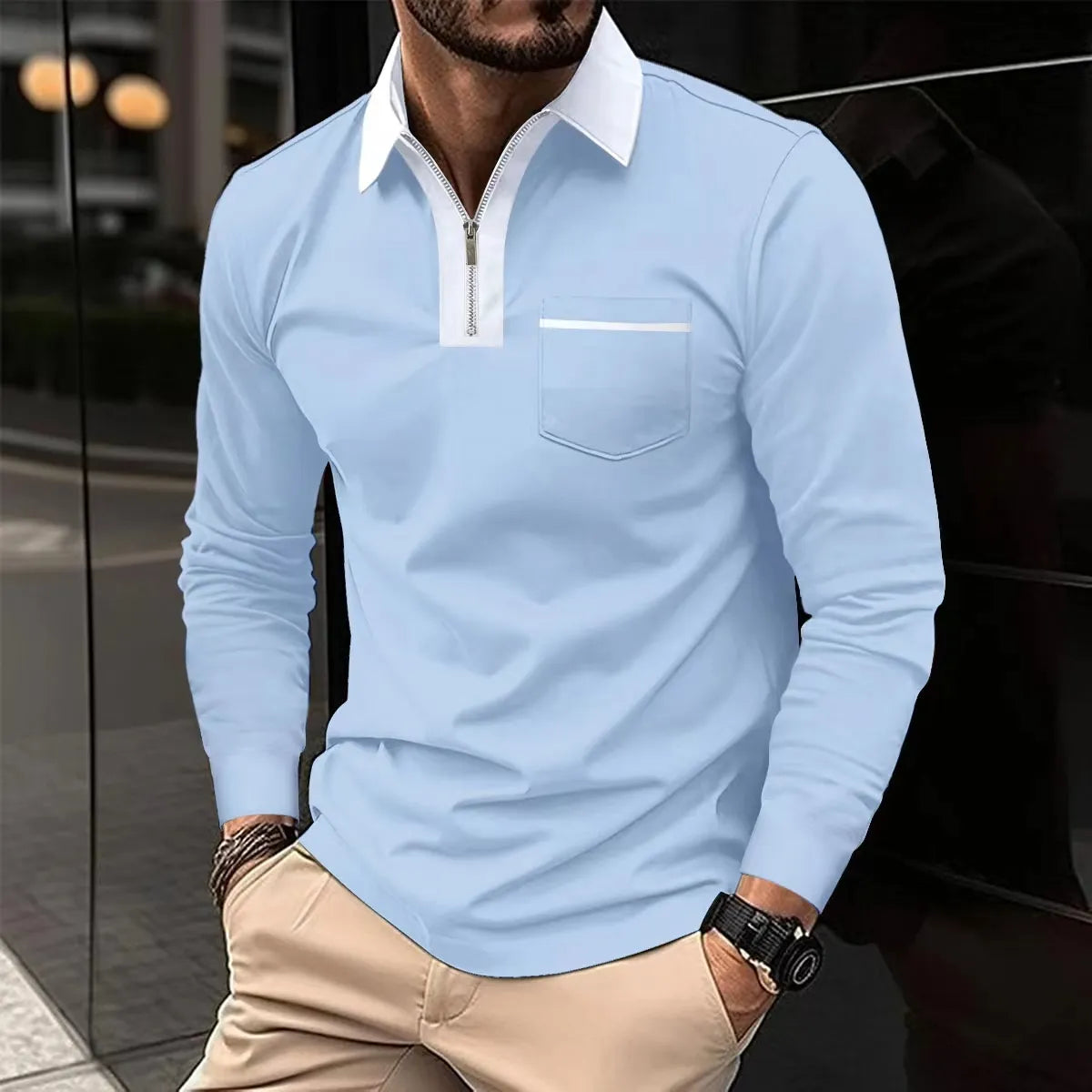 James™ contrasterende ritskraag Polo lange mouwen