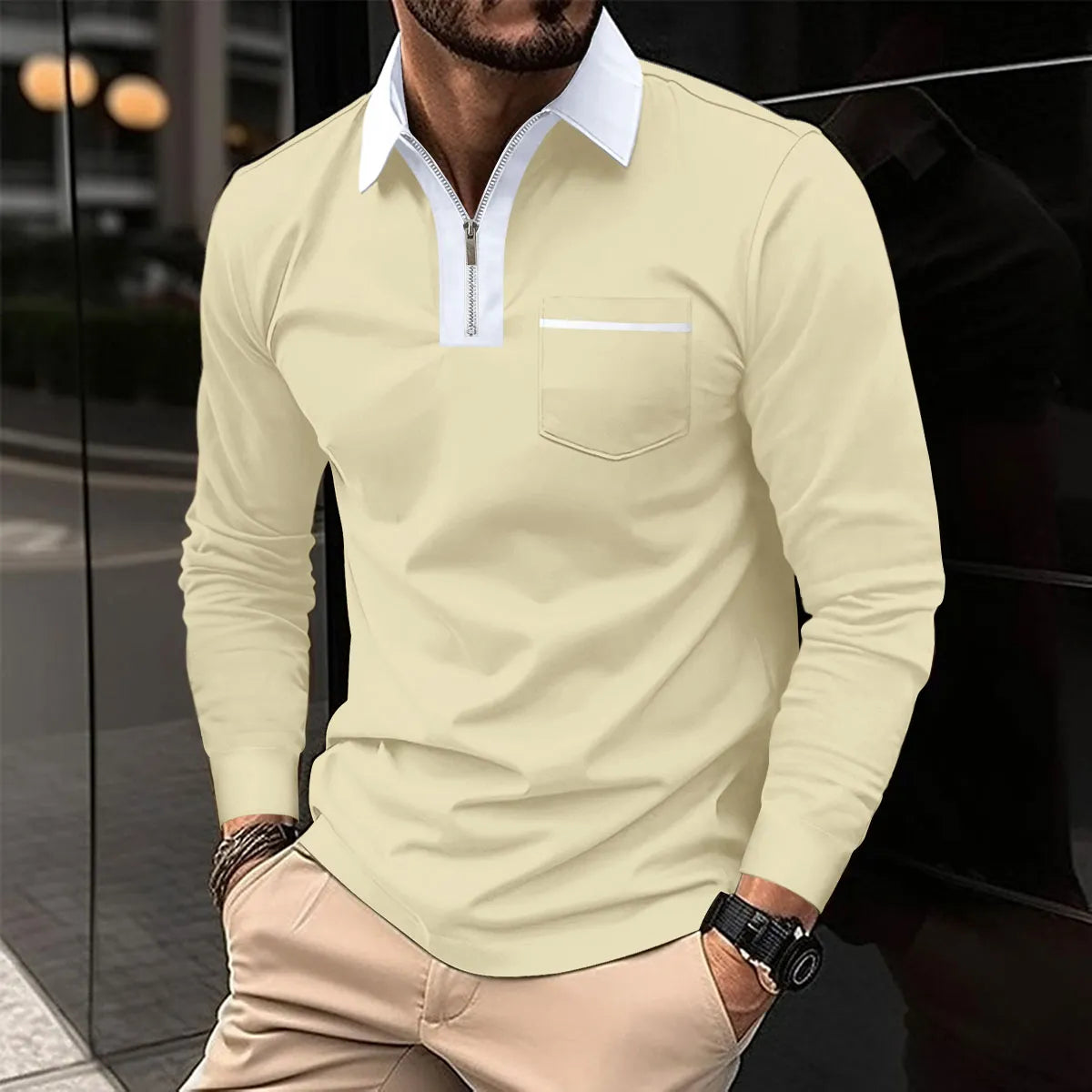 James™ contrasterende ritskraag Polo lange mouwen