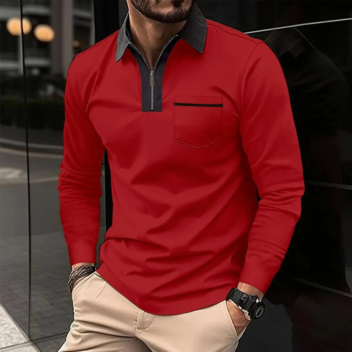 James™ contrasterende ritskraag Polo lange mouwen